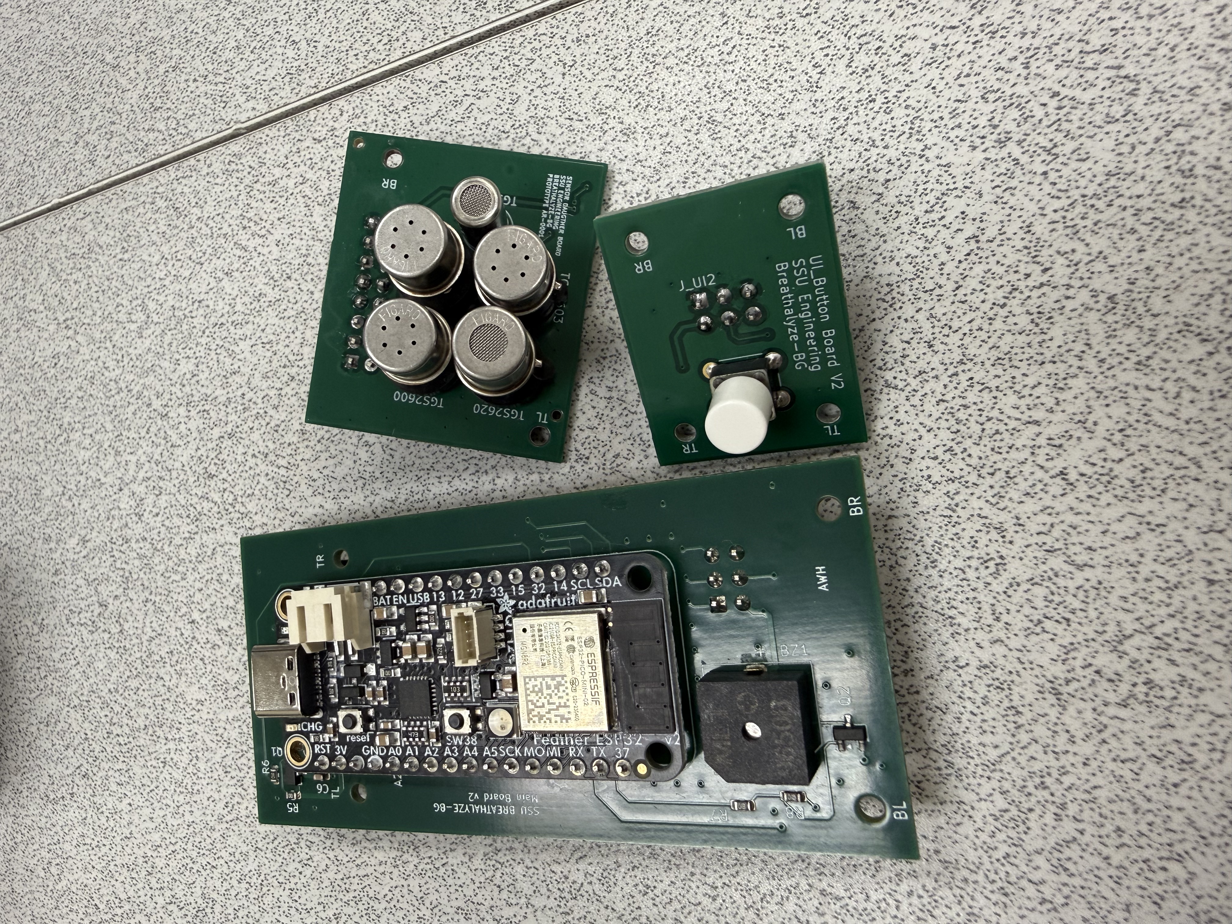 Front view of the assembled main, sensor, and button circuit boards